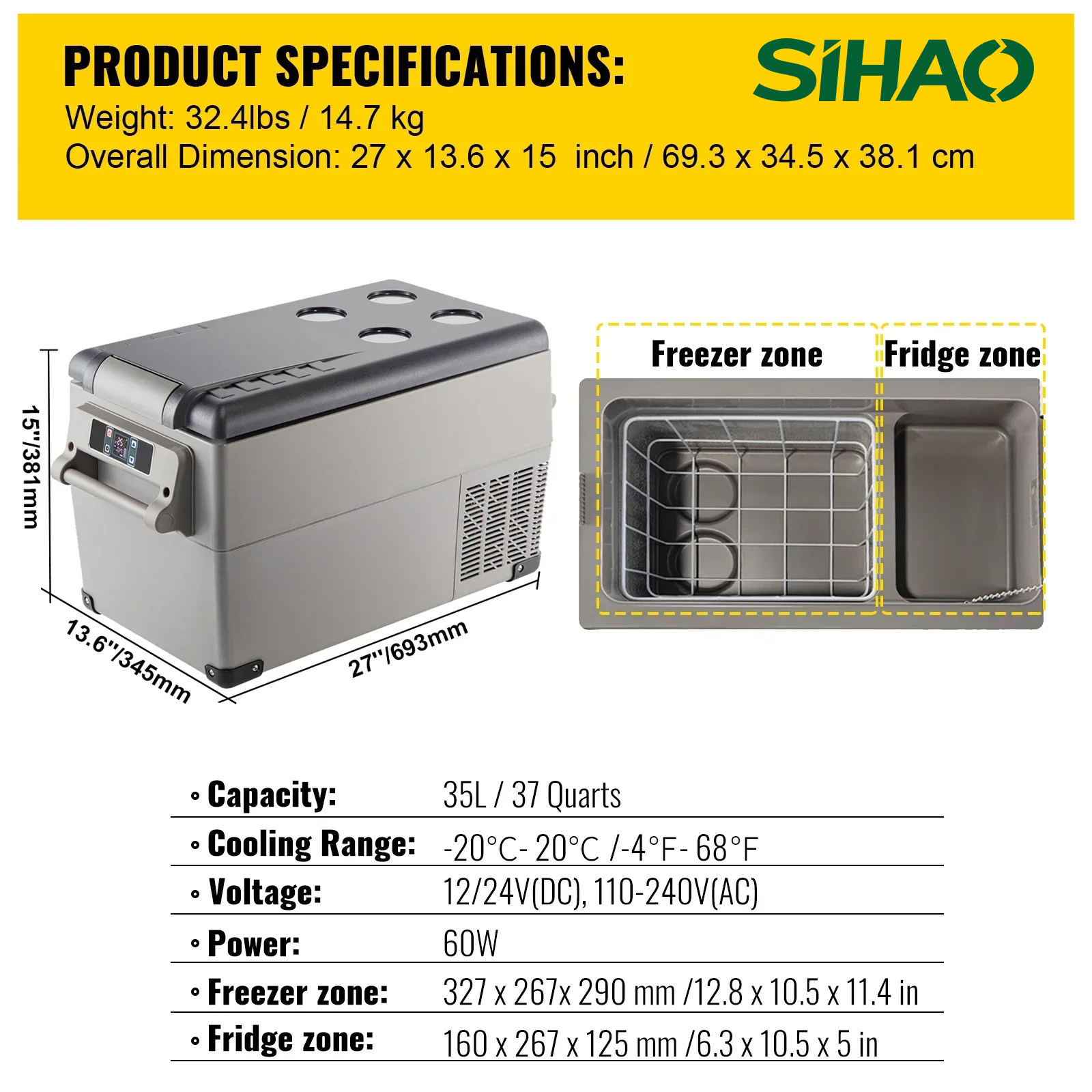 SIHAO Car Refrigerator 20L-55L Mini Fridge Freezer Portable Compressor Cooler 12/24V DC 110-240V Ice Box for Camping Driving