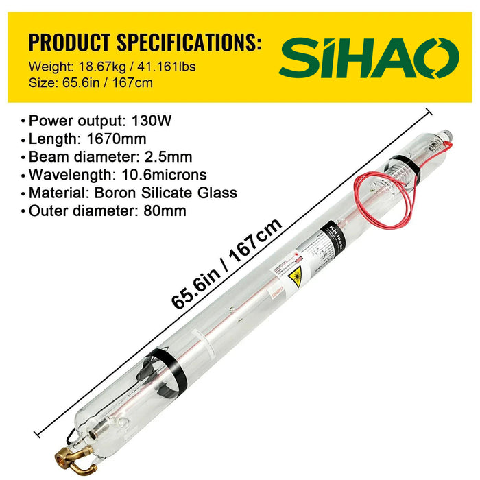 SIHAO CO2 Laser Tube 40W-150W (700-1830mm Length) 80mm Glass Diameter Laser Engraving/Cutting Machine Laser Cutter Parts