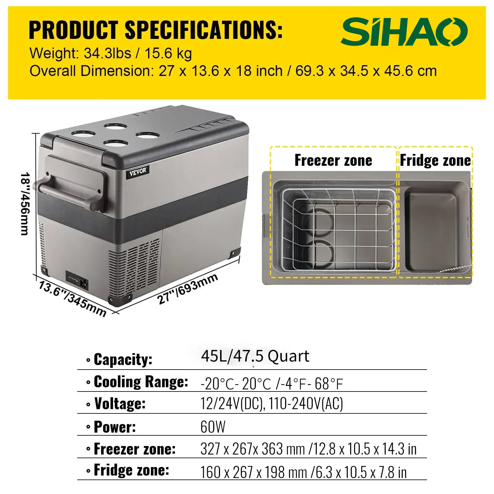 SIHAO Car Refrigerator 20L-55L Mini Fridge Freezer Portable Compressor Cooler 12/24V DC 110-240V Ice Box for Camping Driving