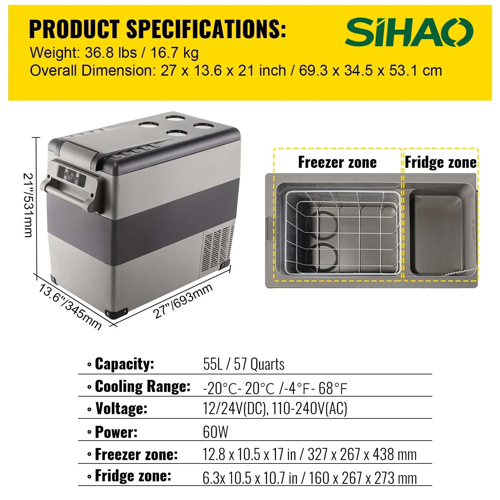 SIHAO Car Refrigerator 20L-55L Mini Fridge Freezer Portable Compressor Cooler 12/24V DC 110-240V Ice Box for Camping Driving