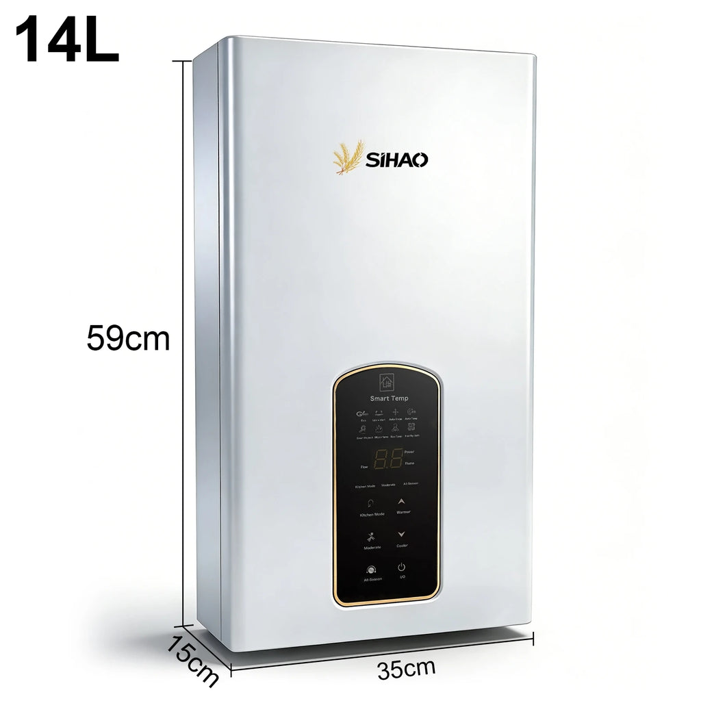 SIHAO 10L 12L 14L Natural Gas Water Heater Forced Exhaust 0.02-1.0MPa Working Pressure AC90-250V 60mm Flue Diameter All Copper Heat Exchanger Touch Control Instant Tankless Hot Water Heater for Home Use