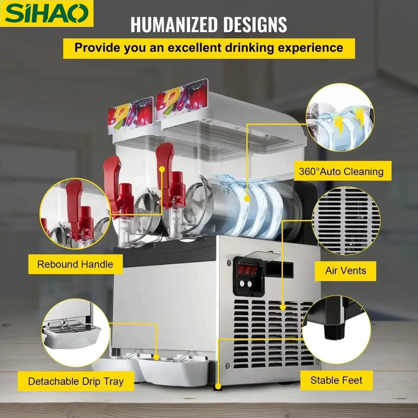 SIHAO 500W Commercial Slush Machine – Dual 15L Tanks (30L Total), Digital Temp Control for Bars, Cafés & Smoothie Shops