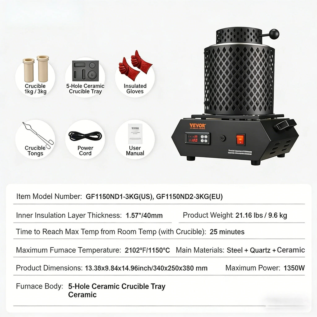SIHAO 1350W Electric Melting Furnace Portable Metal Melting Furnace Gold Silver and Aluminium Quartz Crucible Equipment Melting