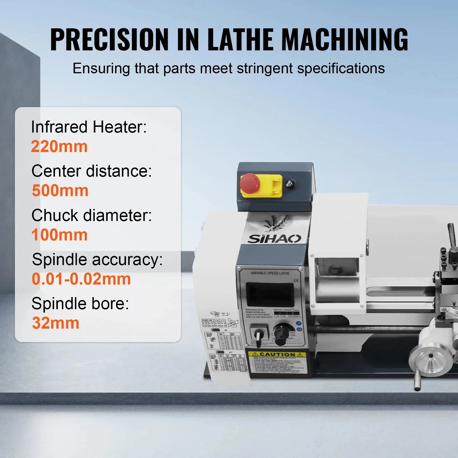 SIHAO 1500W Mini Metal Lathe 220x500mm, 9x20" Bench Table Top Lathe, 3-Jaw Chuck 100mm, MT5 MT2, 0-2500RPM Stepless Speed, Digital Display, Imperial Metric Thread 12-52TPI 0.5-2.5mm, Spindle Accuracy 0.01-0.02mm, for Precision Metal Turning Processing
