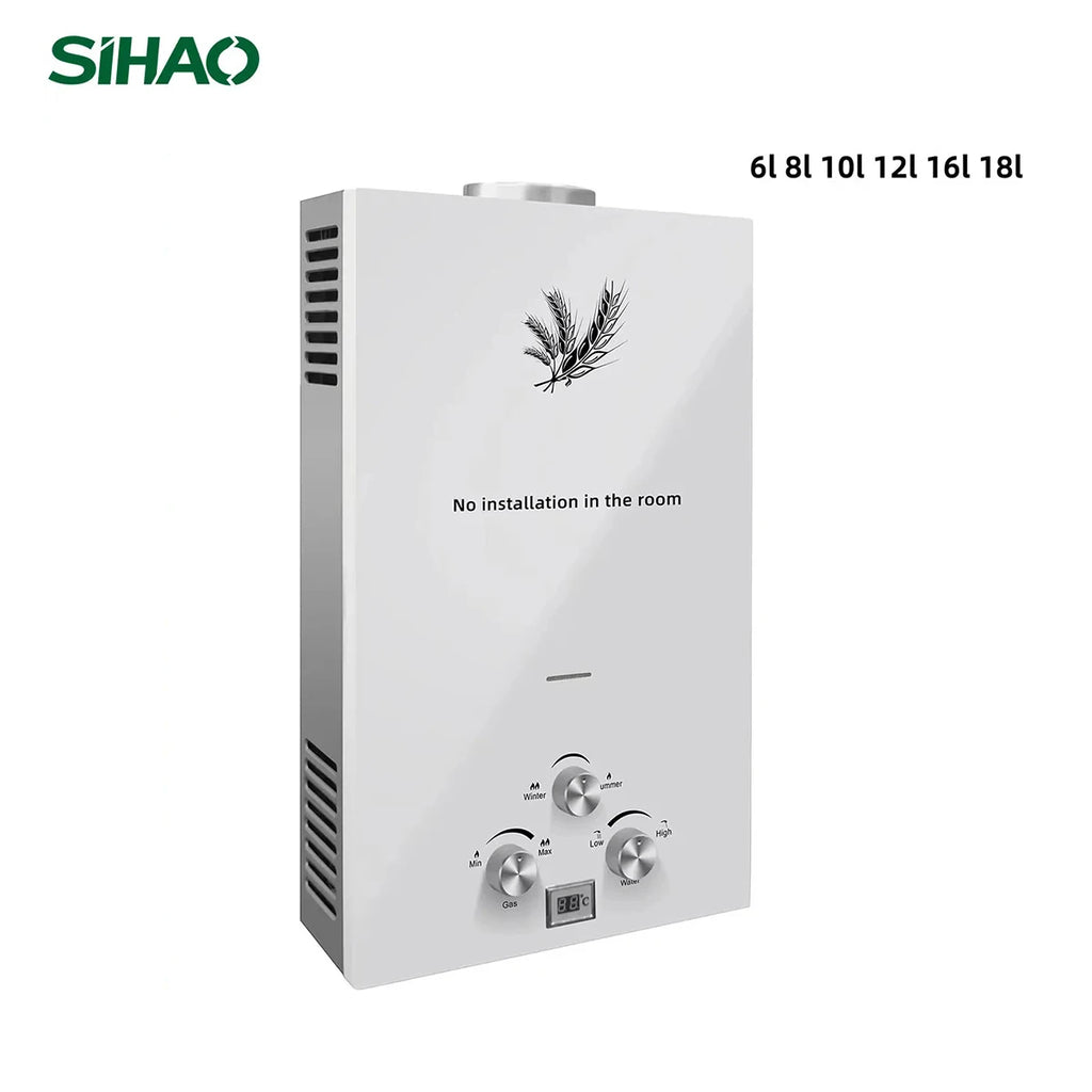 SIHAO 6–18L LPG Instant Tankless Water Heater – Energy-Efficient Stainless Steel, LED Display, Smart Temp Control, Overheat & Dry-Burn Protection, Compact Indoor/Outdoor Unit for Home, RV, and Cabin