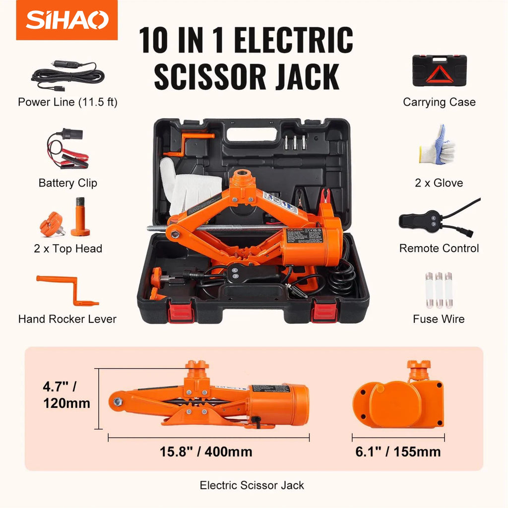 SIHAO 6600lbs 12V Electric Scissor Jack – Remote-Controlled Car Lift with Dual Safety Pads, Fast 3-Ton Lifting for SUV, Sedan, and Light Truck, Emergency Tire Change Made Easy
