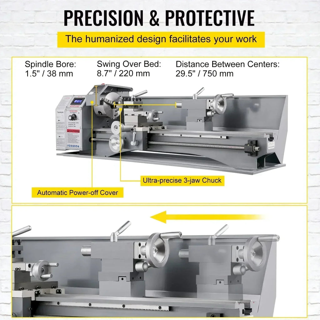 SIHAO 750W Metal Lathe – 220mm Swing x 750mm Between Centers, Variable Speed, LED Display & Brushless Motor, for Metric/Imperial Threading