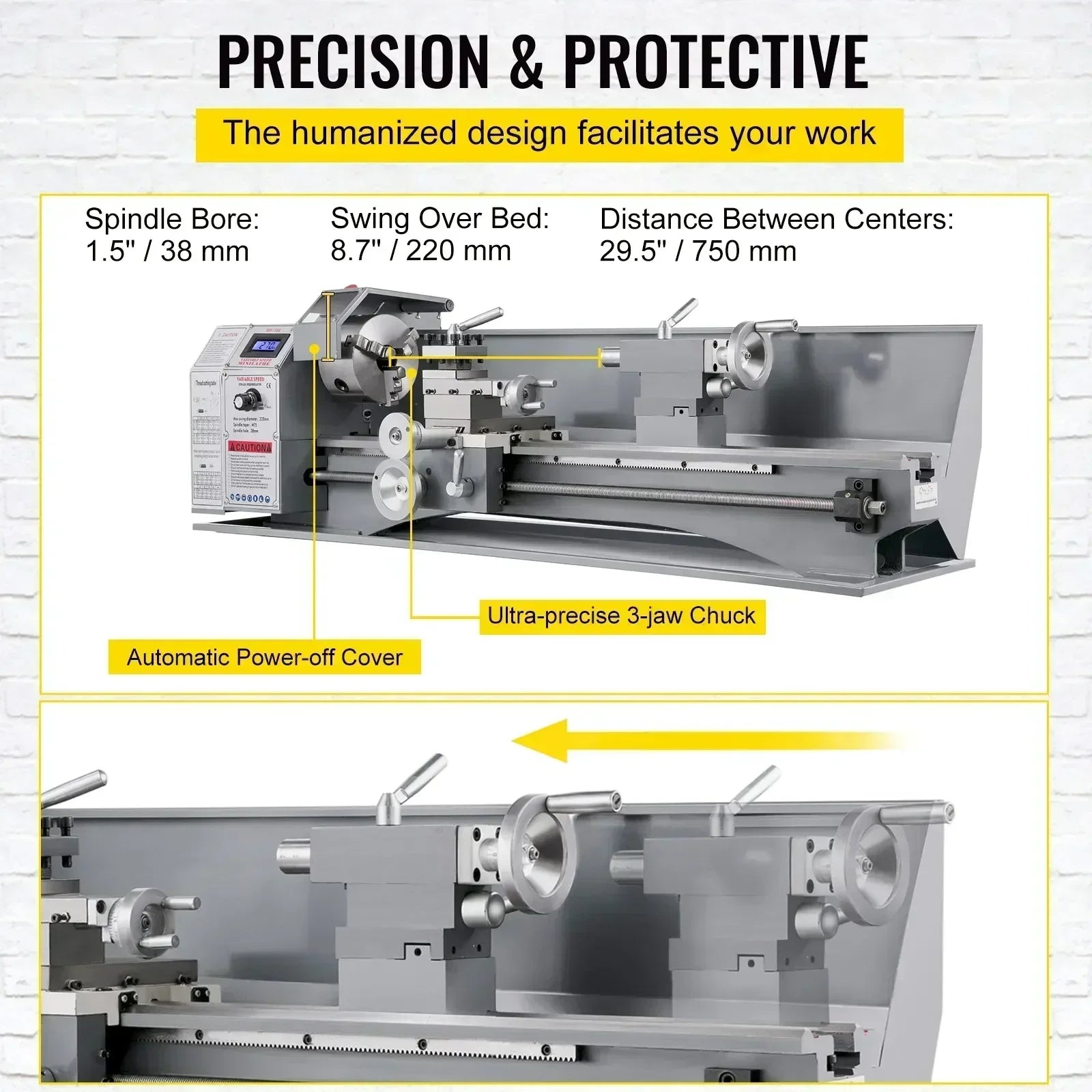 SIHAO 750W Metal Lathe – 220mm Swing x 750mm Between Centers, Variable Speed, LED Display & Brushless Motor, for Metric/Imperial Threading