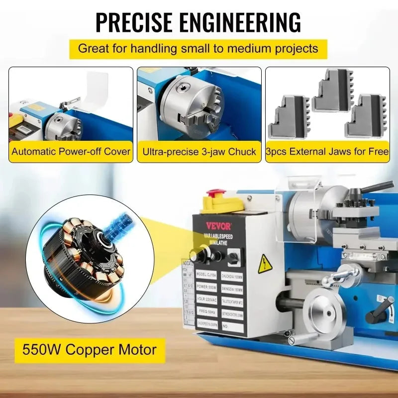 SIHAO 7" X 14" Mini Metal Lathe 550W – Variable Speed Up To 2250RPM, Precision Benchtop Lathe for DIY Model Making & Hobbyists