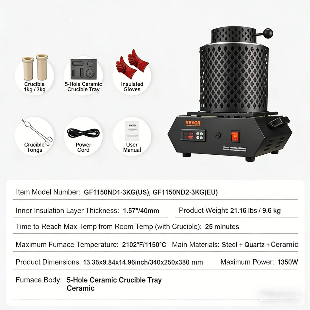 SIHAO 1350W Electric Melting Furnace Portable Metal Melting Furnace Gold Silver and Aluminium Quartz Crucible Equipment Melting