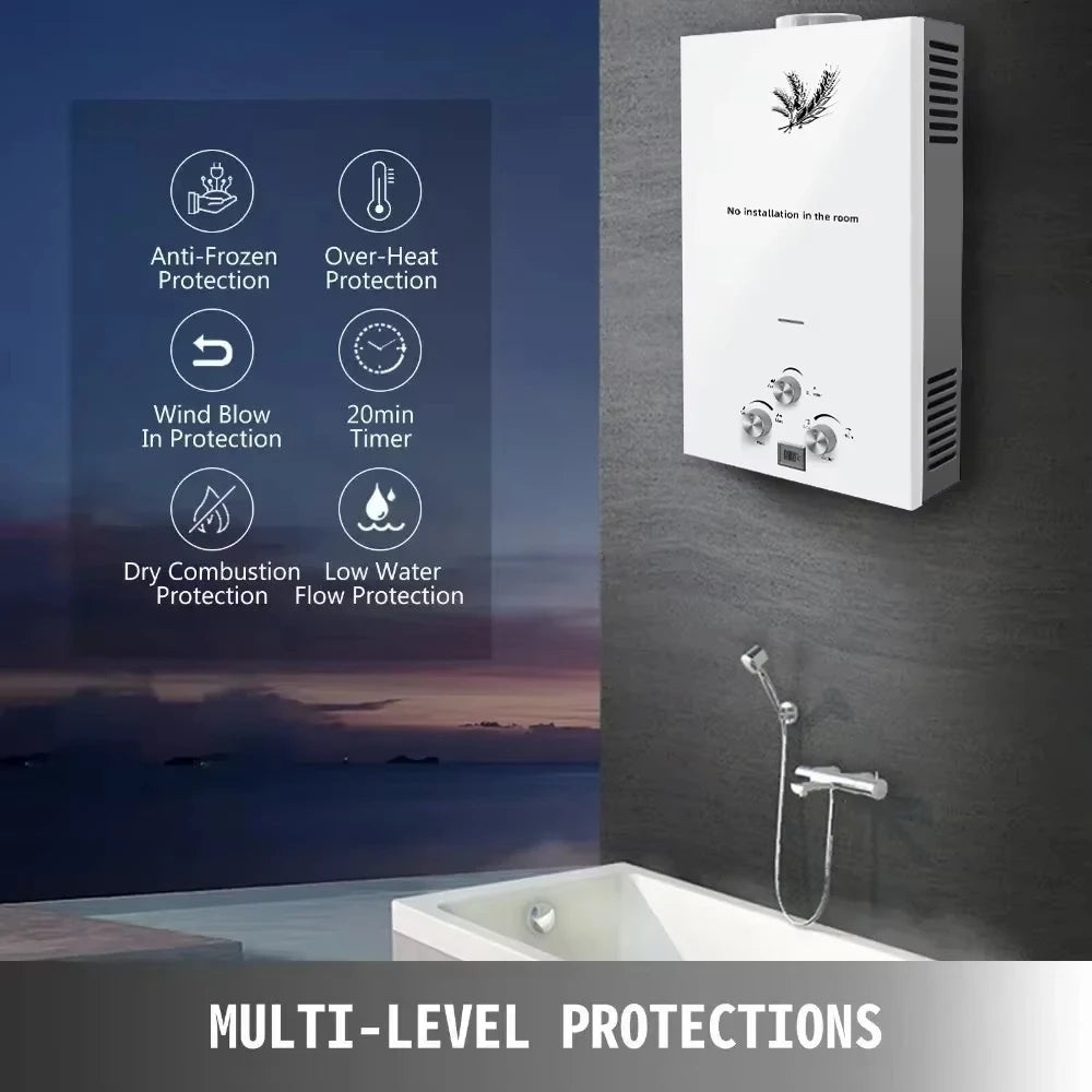 SIHAO 6–18L LPG Instant Tankless Water Heater – Energy-Efficient Stainless Steel, LED Display, Smart Temp Control, Overheat & Dry-Burn Protection, Compact Indoor/Outdoor Unit for Home, RV, and Cabin