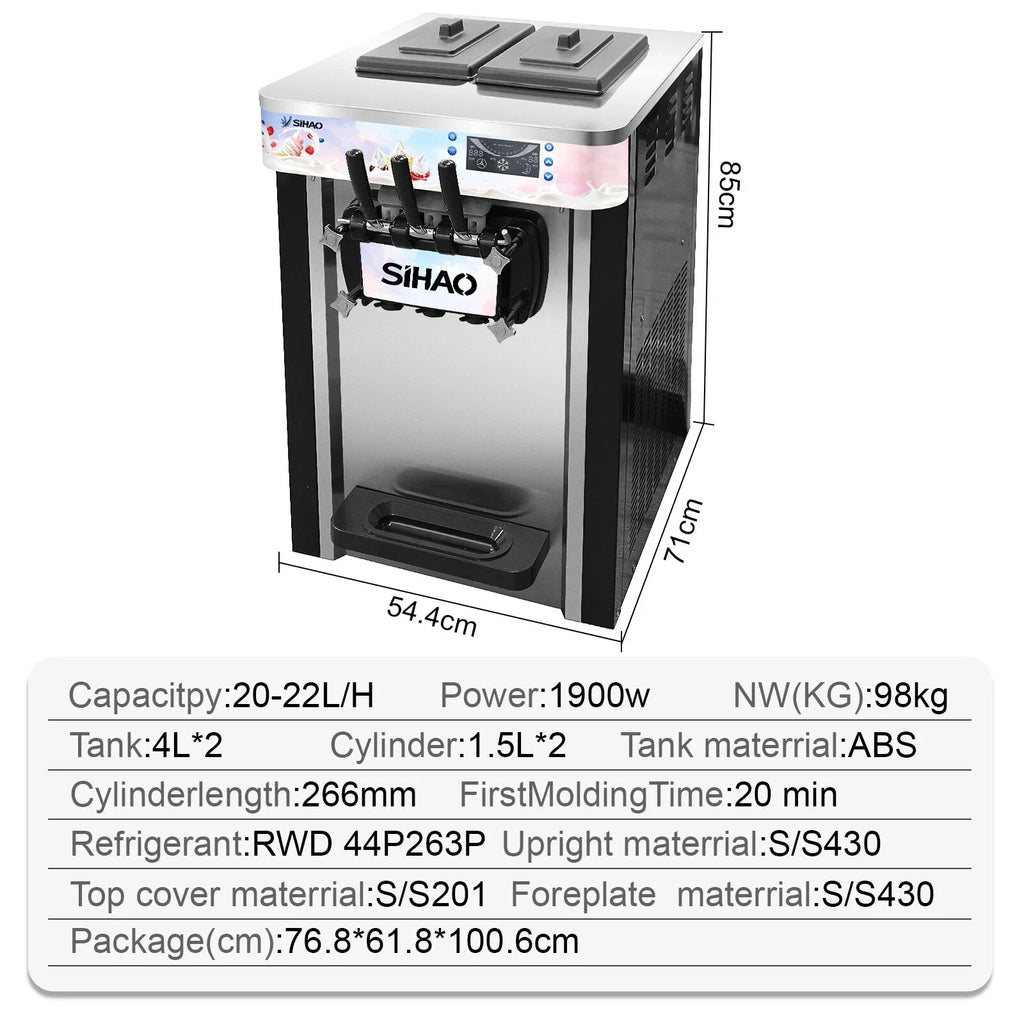 SIHAO Soft Serve Ice Cream Machine Ice Cream Machine 20-28 L/h Ice Cream Machine Ice Cream 3 Flavor
