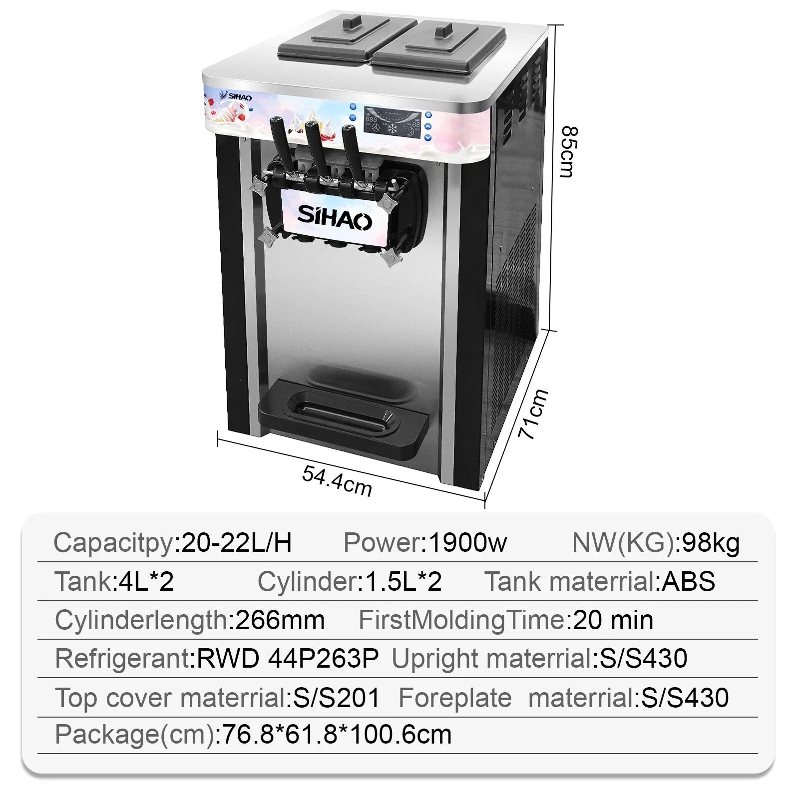 SIHAO Soft Serve Ice Cream Machine Ice Cream Machine 20-28 L/h Ice Cream Machine Ice Cream 3 Flavor