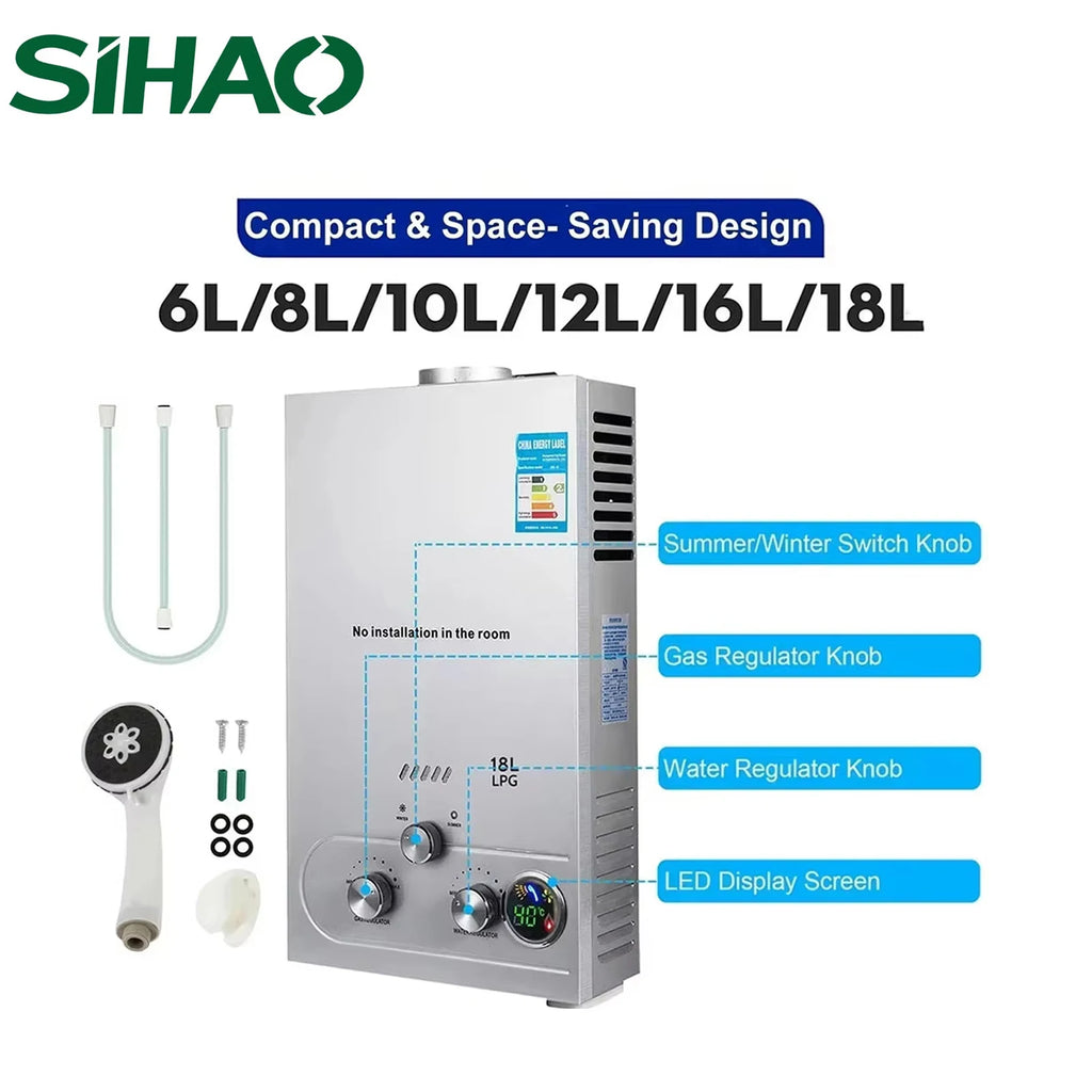 SIHAO LPG Gas Water Heater – 6L To 18L Propane/Butane Instant Hot Water Heater, Stainless Steel Wall-Mounted Boiler for Shower, Kitchen & RV (Multiple Sizes Available)