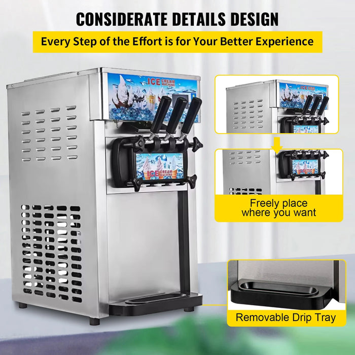 VEVOR Commercial Soft Serve Ice Cream Machine - Tri-Flavor 18L/H with LCD Display & One-Touch Cleaning for Dessert Shops, Cafes