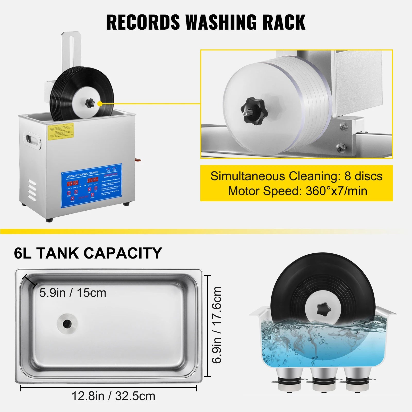 SIHAO 6L Ultrasonic Cleaner 180W Ultrasonic Vinyl Cleaner 7-12 Inch 8 Records Ultrasonic Records Cleaner W/Drying Rack for Home