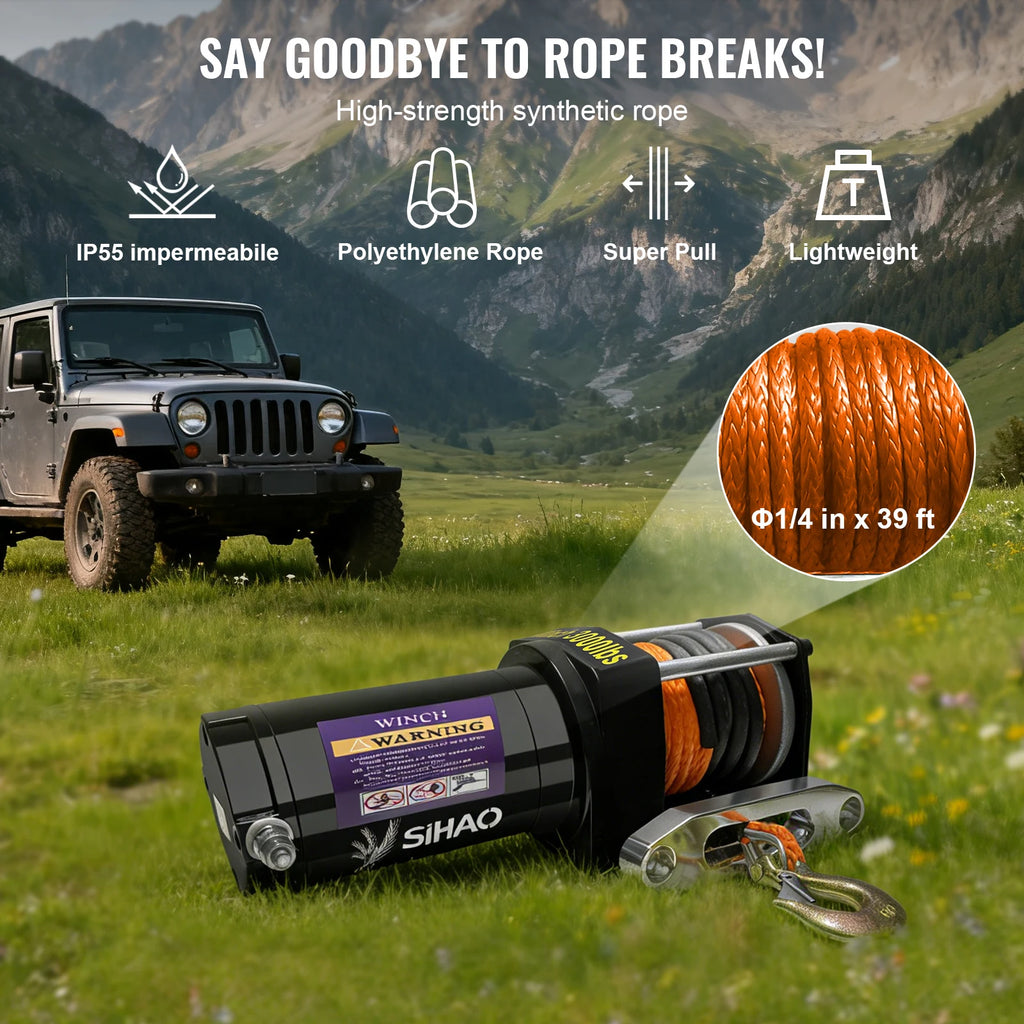 SIHAO 4500/3500/3000LBS 12V Electric Winch for ATV/UTV/Jeeps - Synthetic Rope, Wireless & Wired Remote IP55 Waterproof Off-Road