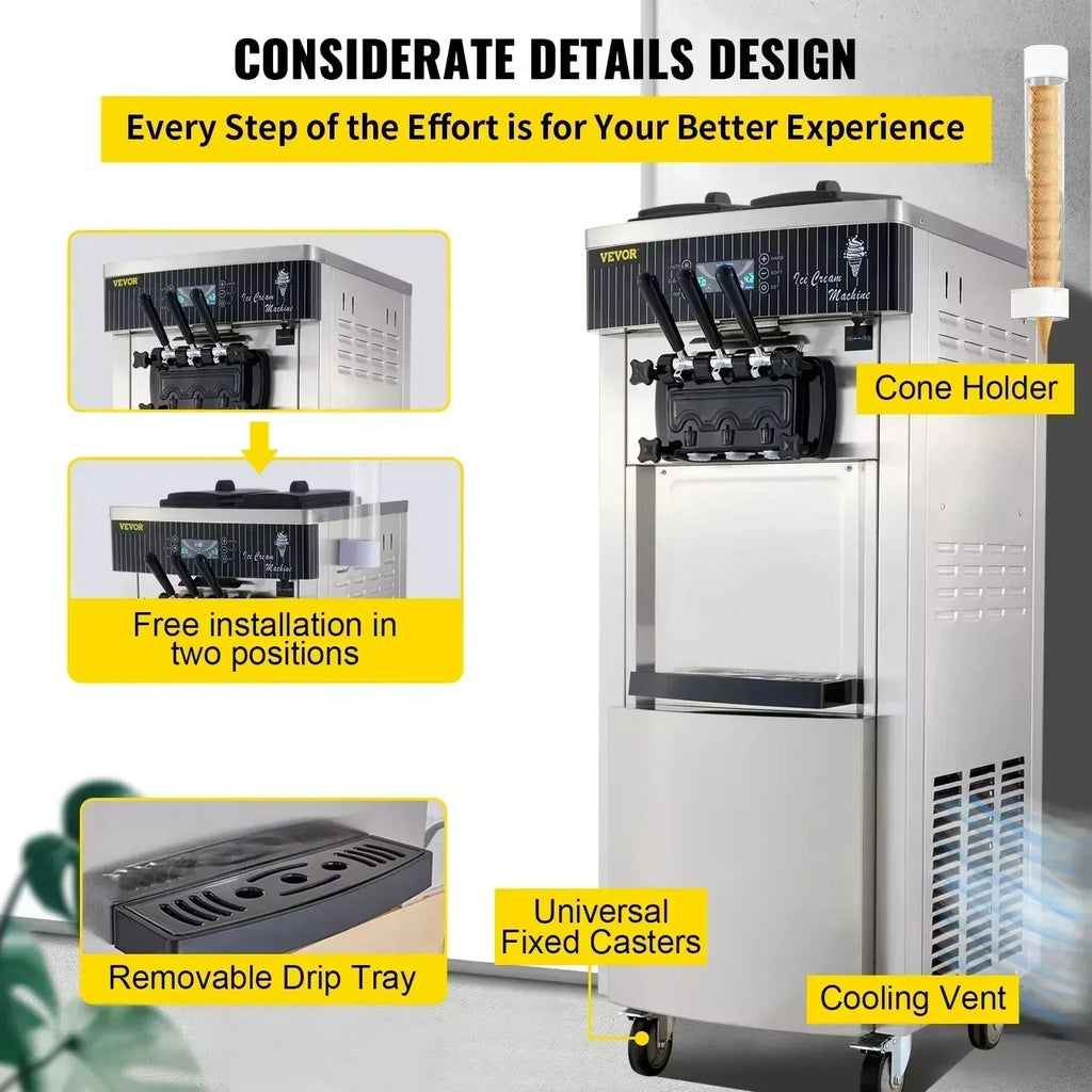SIHAO Commercial Soft Serve Ice Cream Machine 2200W 20-28L/H - Dual 6L Hoppers for 2 Flavors, Dessert Shops & Bubble Tea Stores