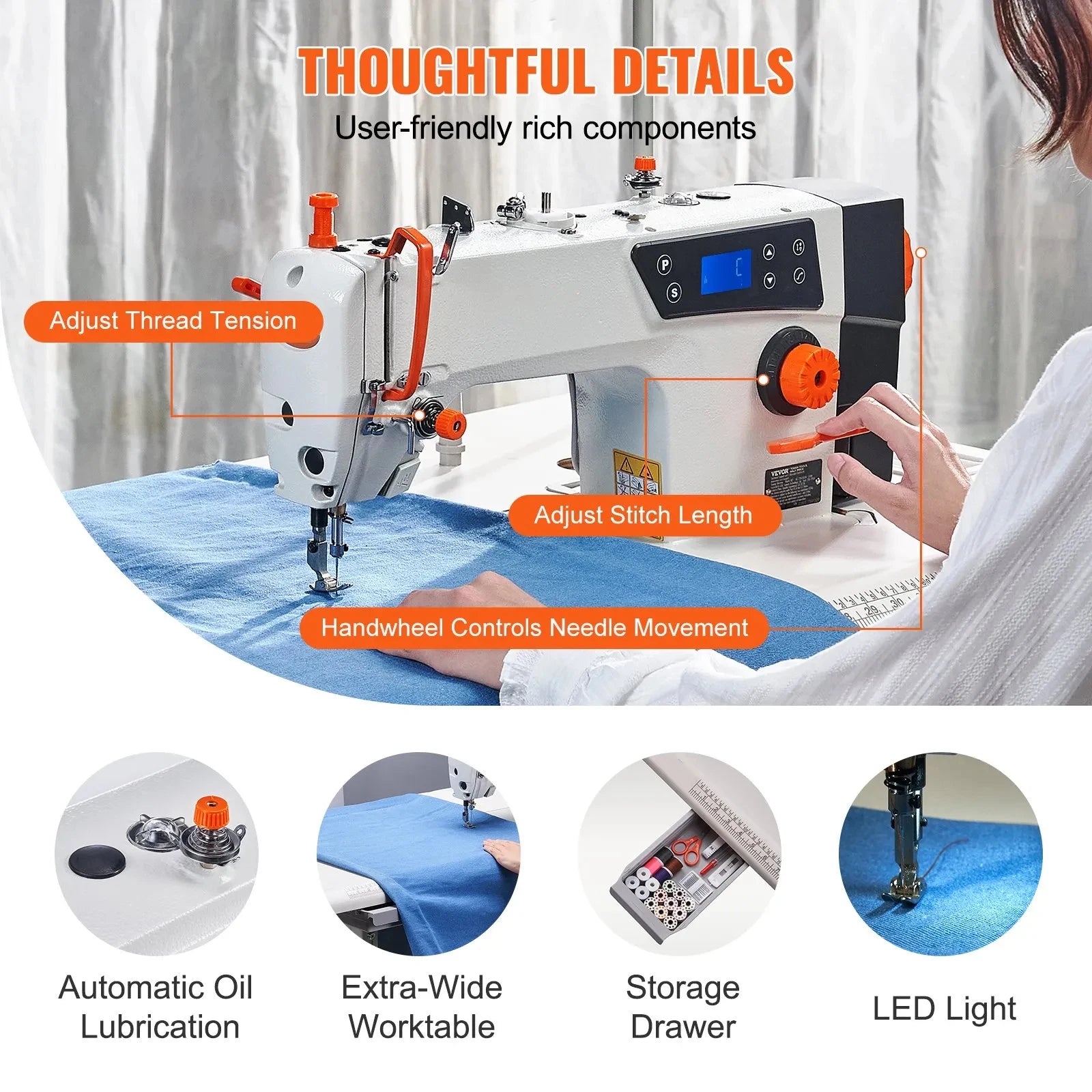 SIHAO 550W Industrial Sewing Machine – Digital Servo Lockstitch, 5000SPM, for Leather & Canvas, with Worktable & Control Panel