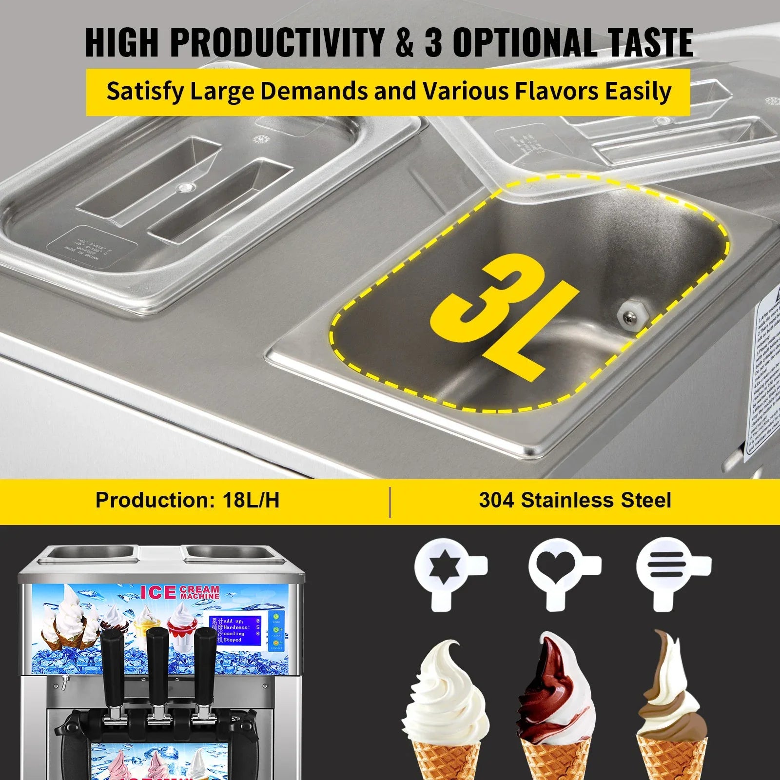 SIHAO Commercial Soft Serve Ice Cream Machine - Tri-Flavor 18L/H with LCD Display & One-Touch Cleaning for Dessert Shops, Cafes