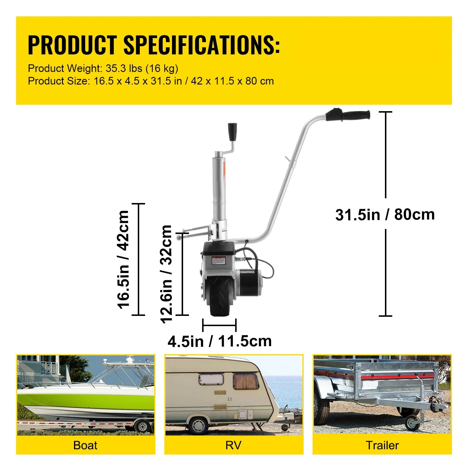 SIHAO 12V 350W Electric Trailer Dolly Motorized Jockey Wheel 2270kg Max Load Caravan Mover Boat RV Trailer Moving Tool