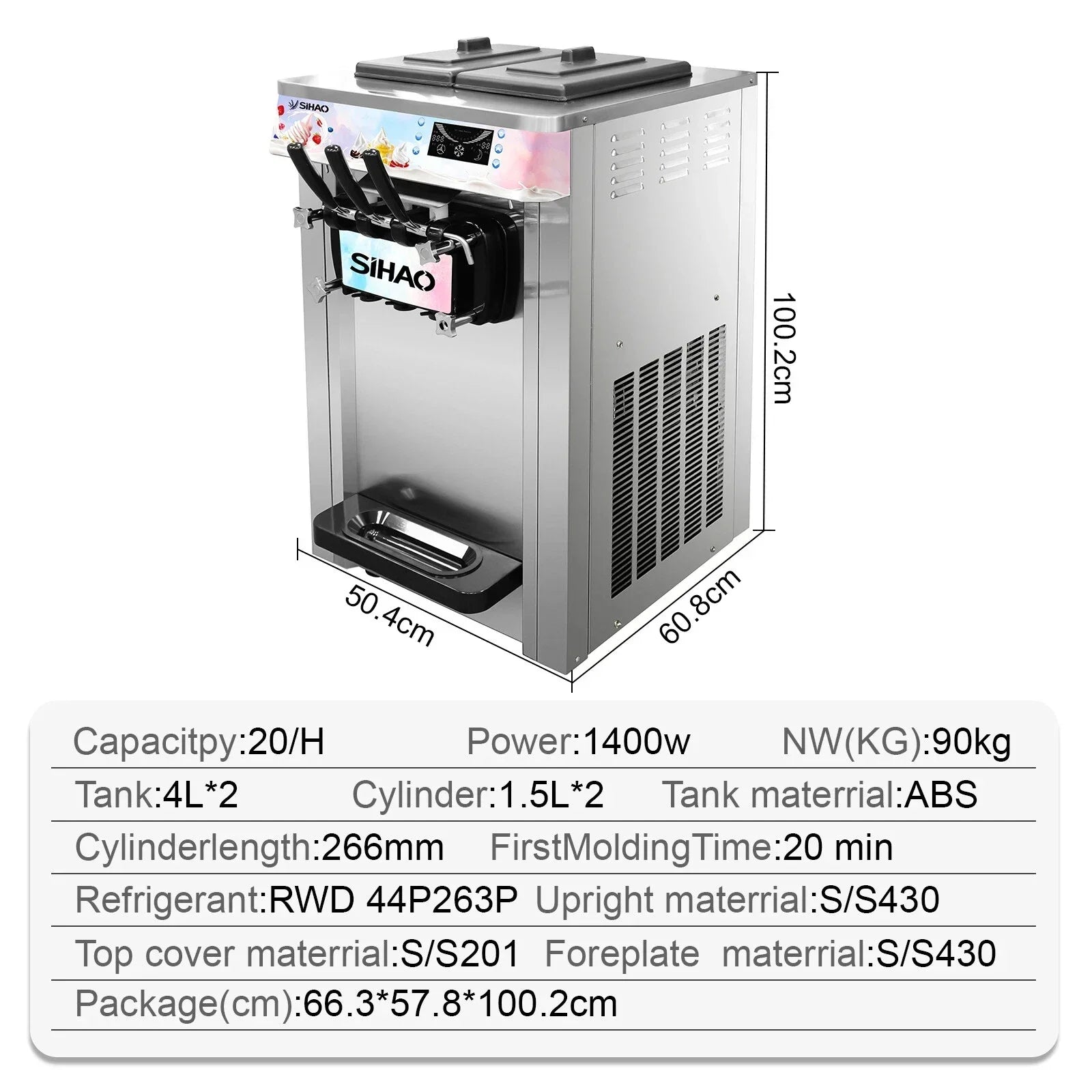 SIHAO Soft Serve Ice Cream Machine Ice Cream Machine 20-28 L/h Ice Cream Machine Ice Cream 3 Flavor