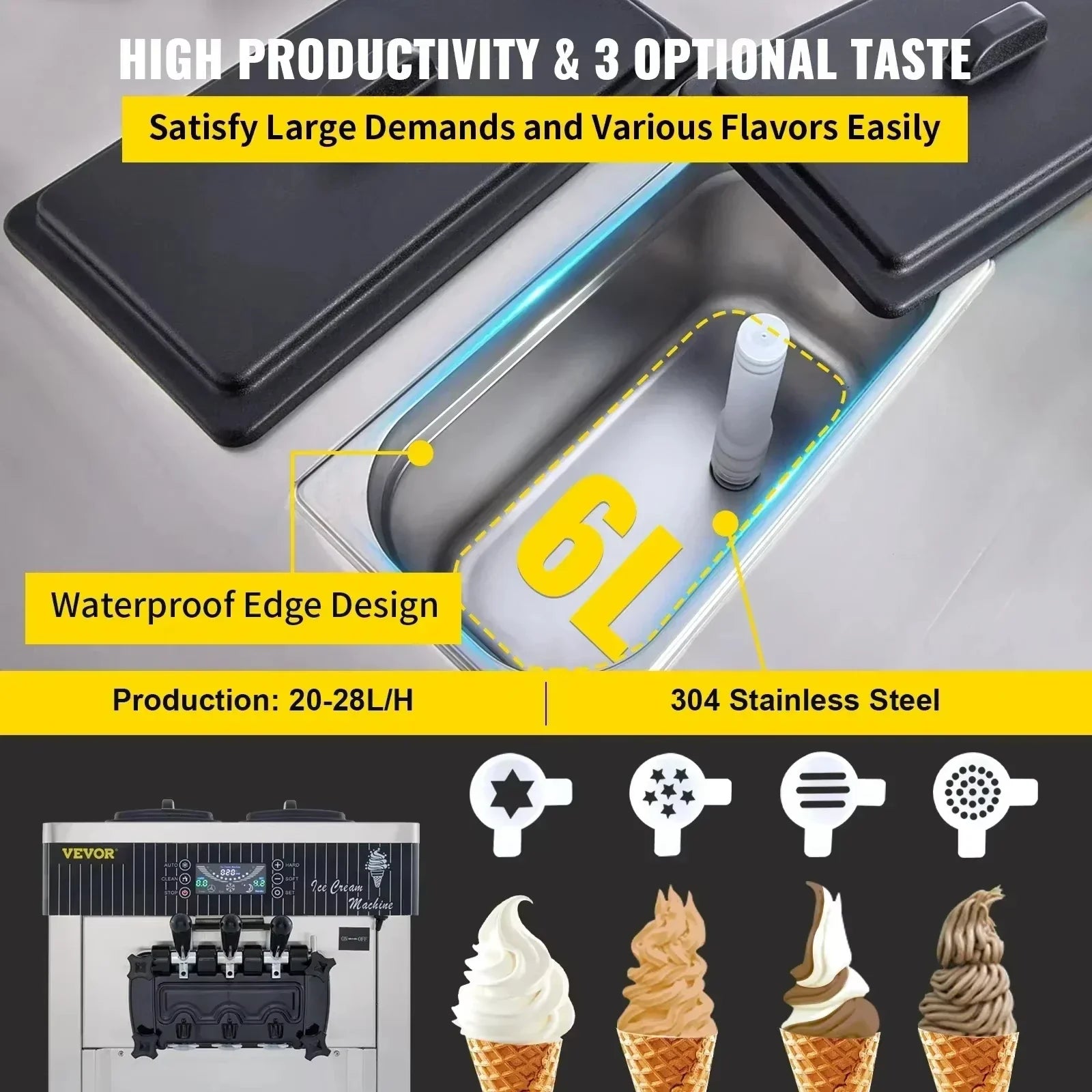 SIHAO Commercial Soft Ice Cream Machine 18-28L/H - Tri-Color Desktop Freezer for Sorbet, Gelato & Fast Food Stores