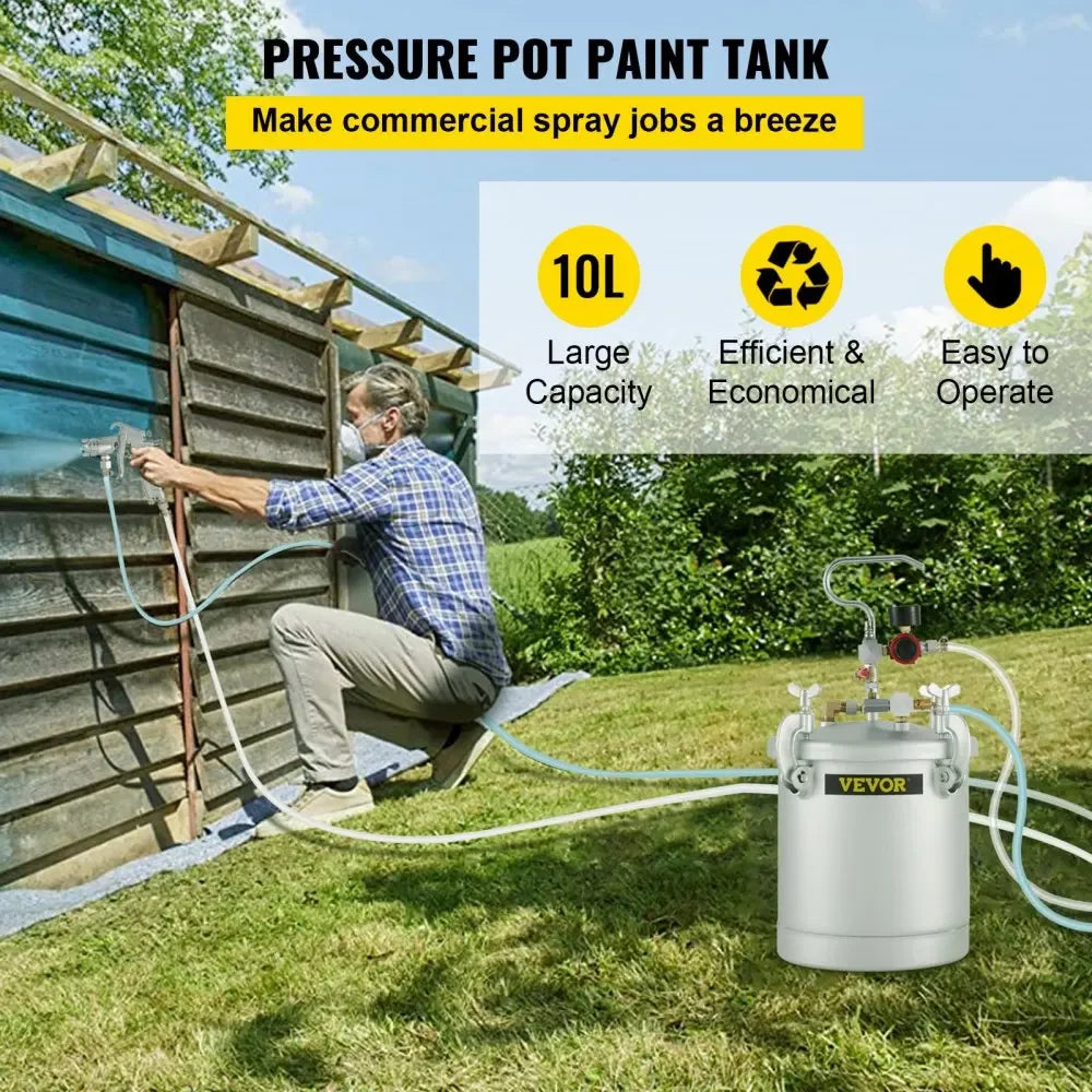 SIHAO 10L/2.6Gal Airless Paint Sprayer – Pressure Pot with Spray Gun & Hose, Heavy Duty for Home & Commercial, Includes 2-Year Warranty