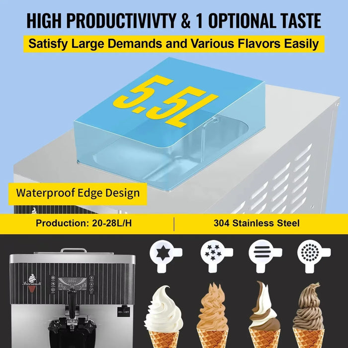 SIHAO Commercial 220V Desktop Ice Cream Machine 5.5L Single Hopper - Frozen Yogurt & Soft Serve Maker with Cold Storage Tray