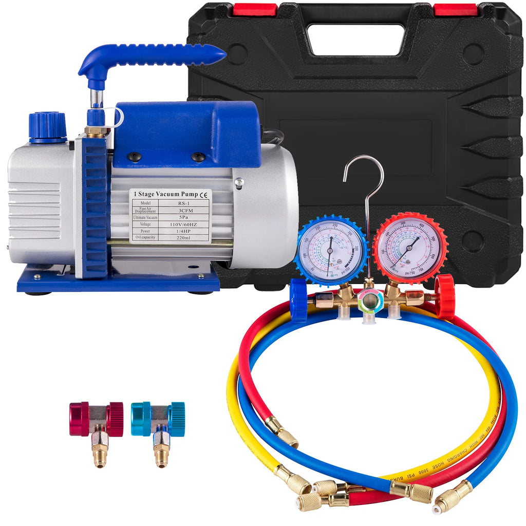 SIHAO Professional HVAC Vacuum Pump & Manifold Gauge Set — 25 Micron Deep Vacuum for  HVAC/Car AC Refrigerant Charging