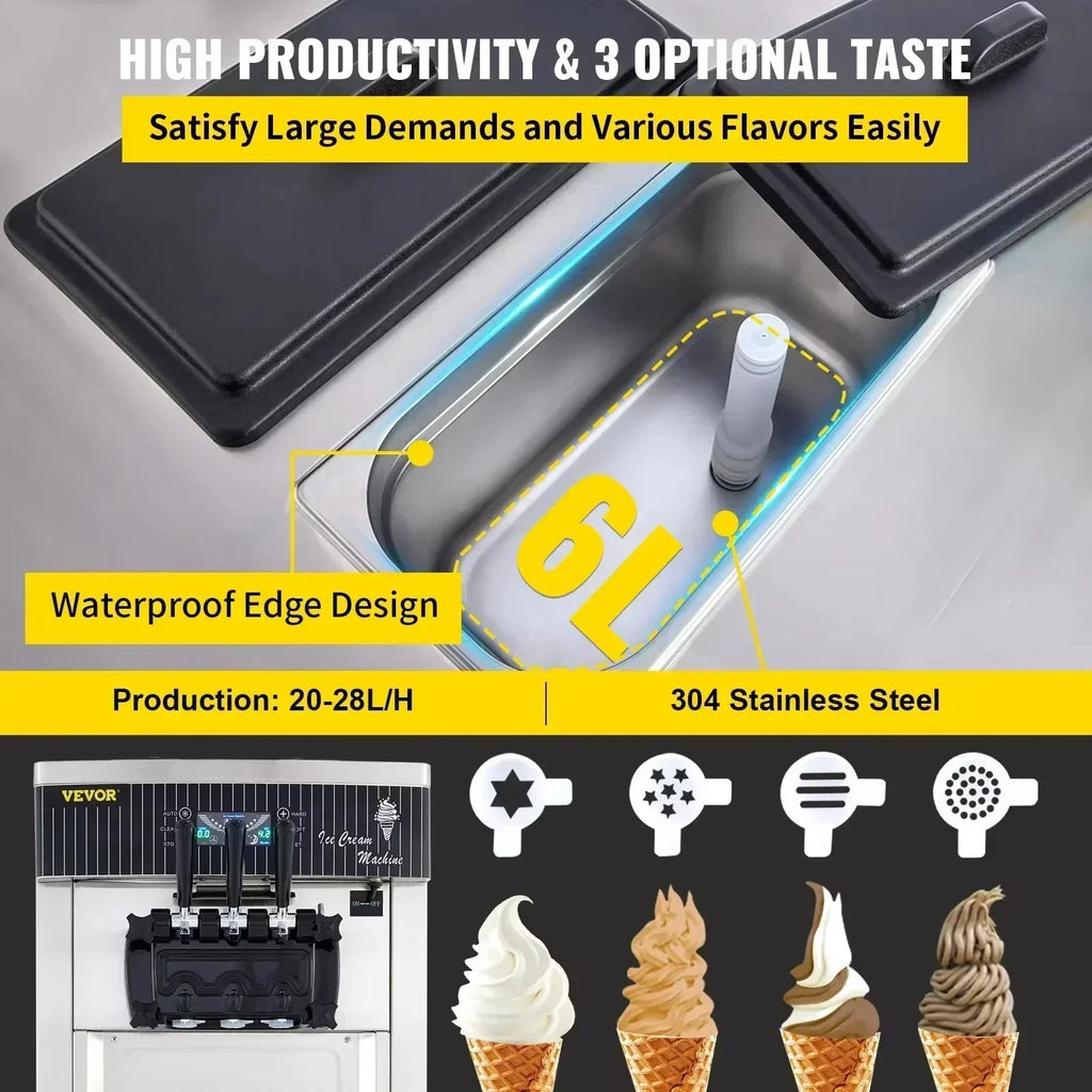 SIHAO Commercial Soft Serve Ice Cream Machine 2200W 20-28L/H - Dual 6L Hoppers for 2 Flavors, Dessert Shops & Bubble Tea Stores