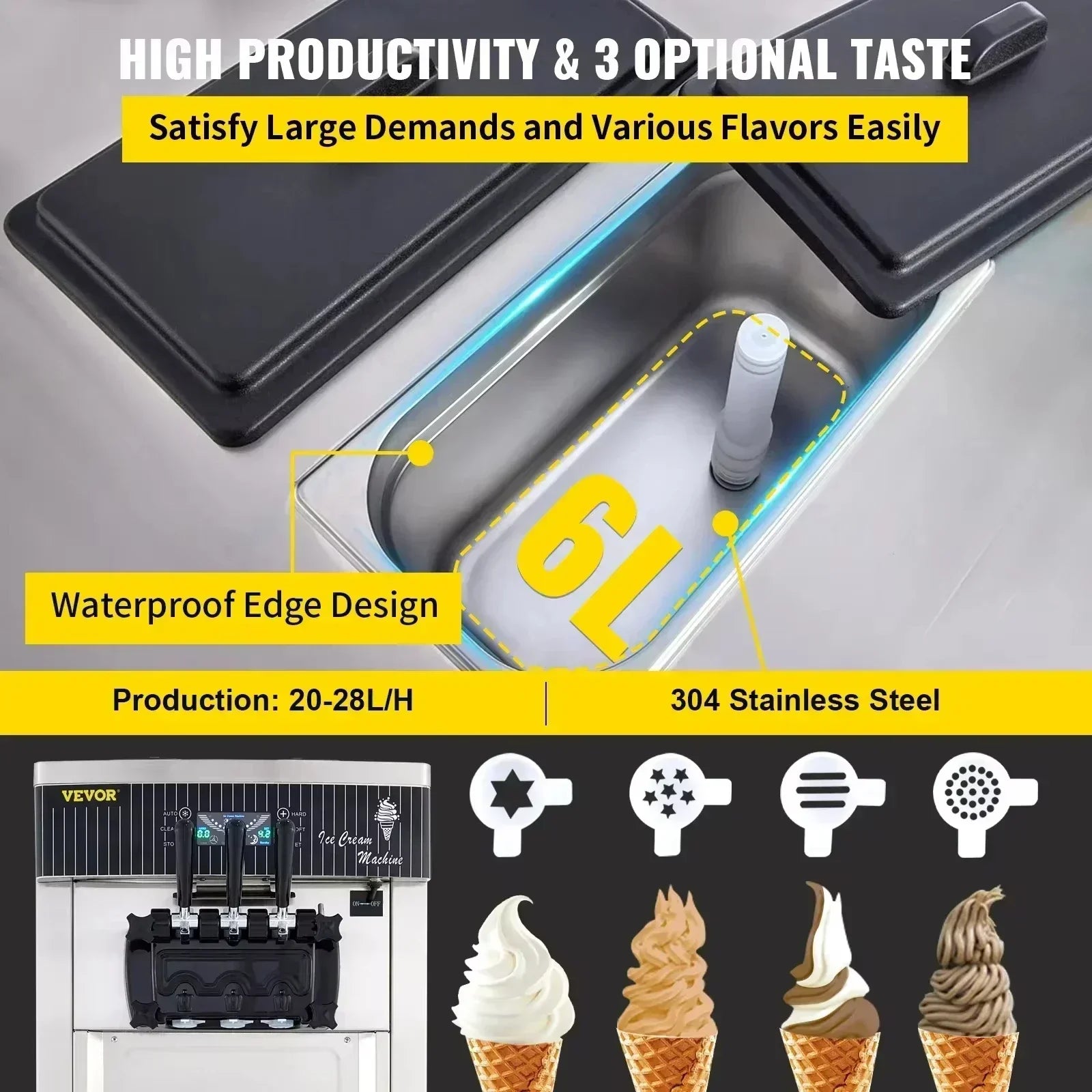 SIHAO Commercial Soft Serve Ice Cream Machine 2200W 20-28L/H - Dual 6L Hoppers for 2 Flavors, Dessert Shops & Bubble Tea Stores