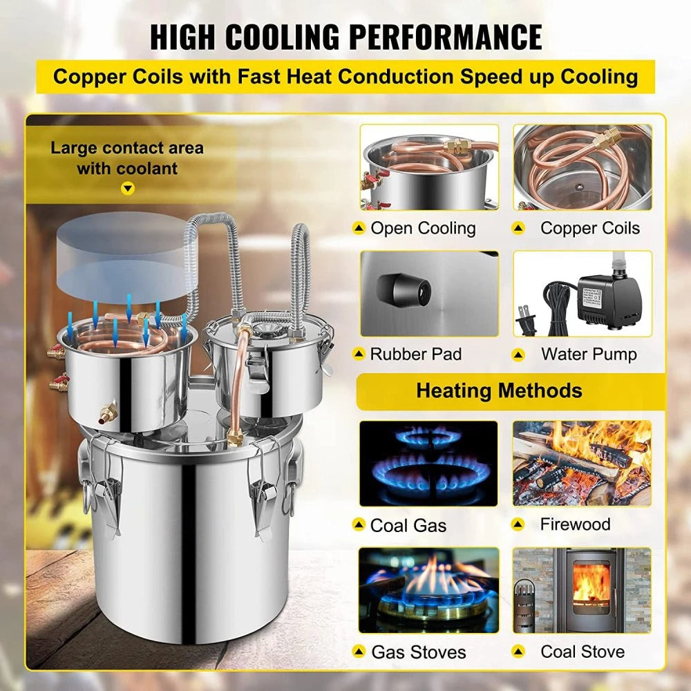 SIHAO Copper & Stainless Steel Moonshine Still – Home Alcohol Distiller with Built-in Thermometer & Condenser for Whiskey, Brandy & Essential Oils