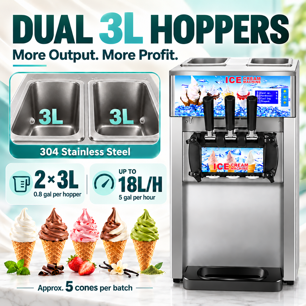 SIHAO ZM-A168 Commercial Soft Serve Ice Cream Machine | 3 Flavors, Pre-Cooling, Tabletop