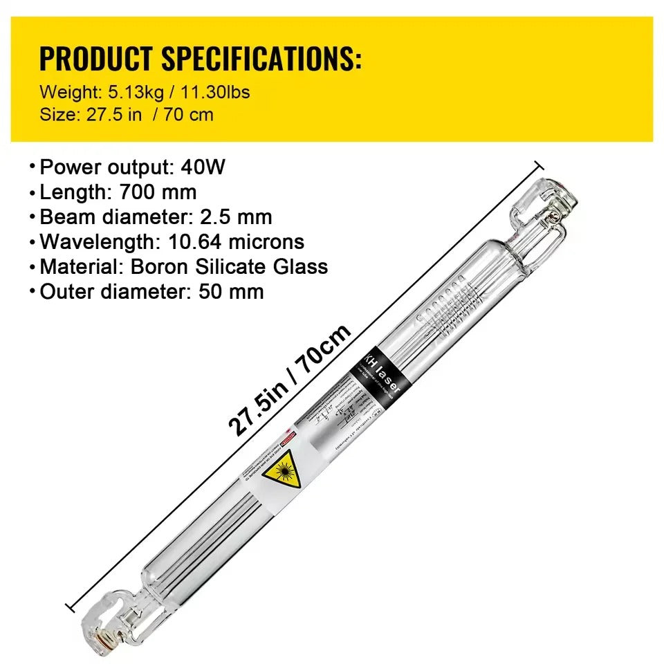 SIHAO 40W & 50W CO2 Glass Laser Tube Replacement – 700mm/800mm Length, 50mm OD, for Laser Engraver Cutter Machine (40W-700mm / 50W-800mm)