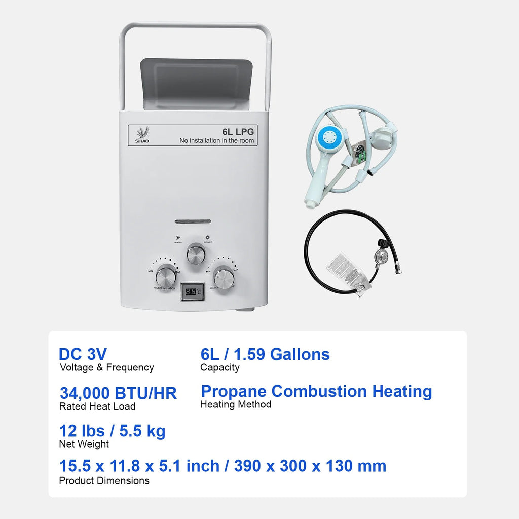 SIHAO 6L Portable Tankless Gas Water Heater with Digital Display & Shower Head – Propane Camping Shower, Outdoor Travel Hot Water System with Pressure Regulator