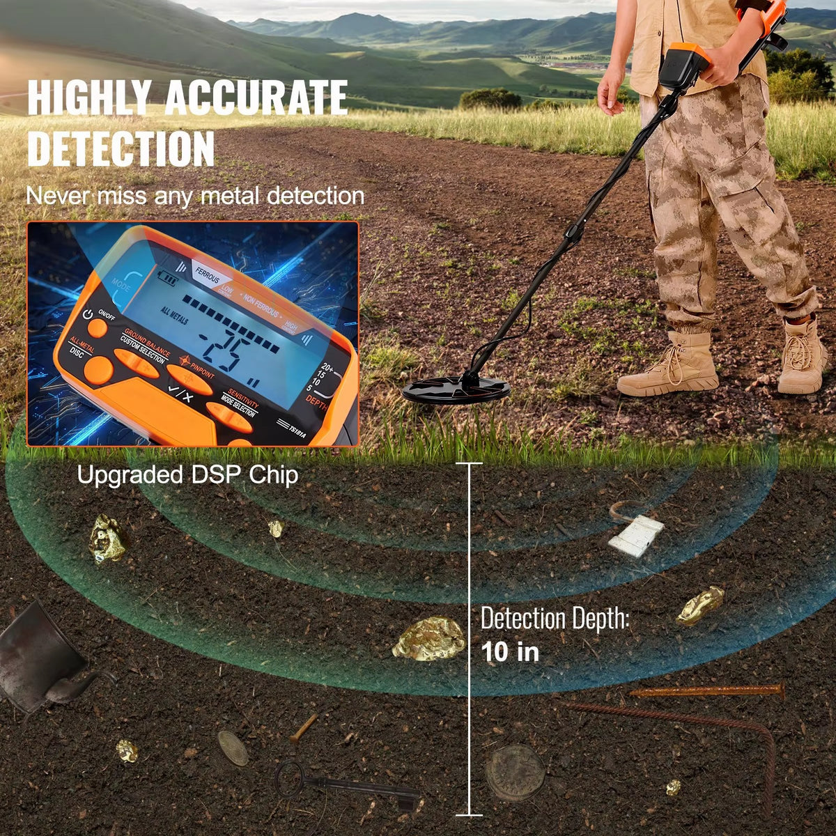 SIHAO DSP Metal Detector, 10" Waterproof Coil, 7 Modes LCD, 41-52" Adjustable Aluminum Stem for Gold & Relic Hunting