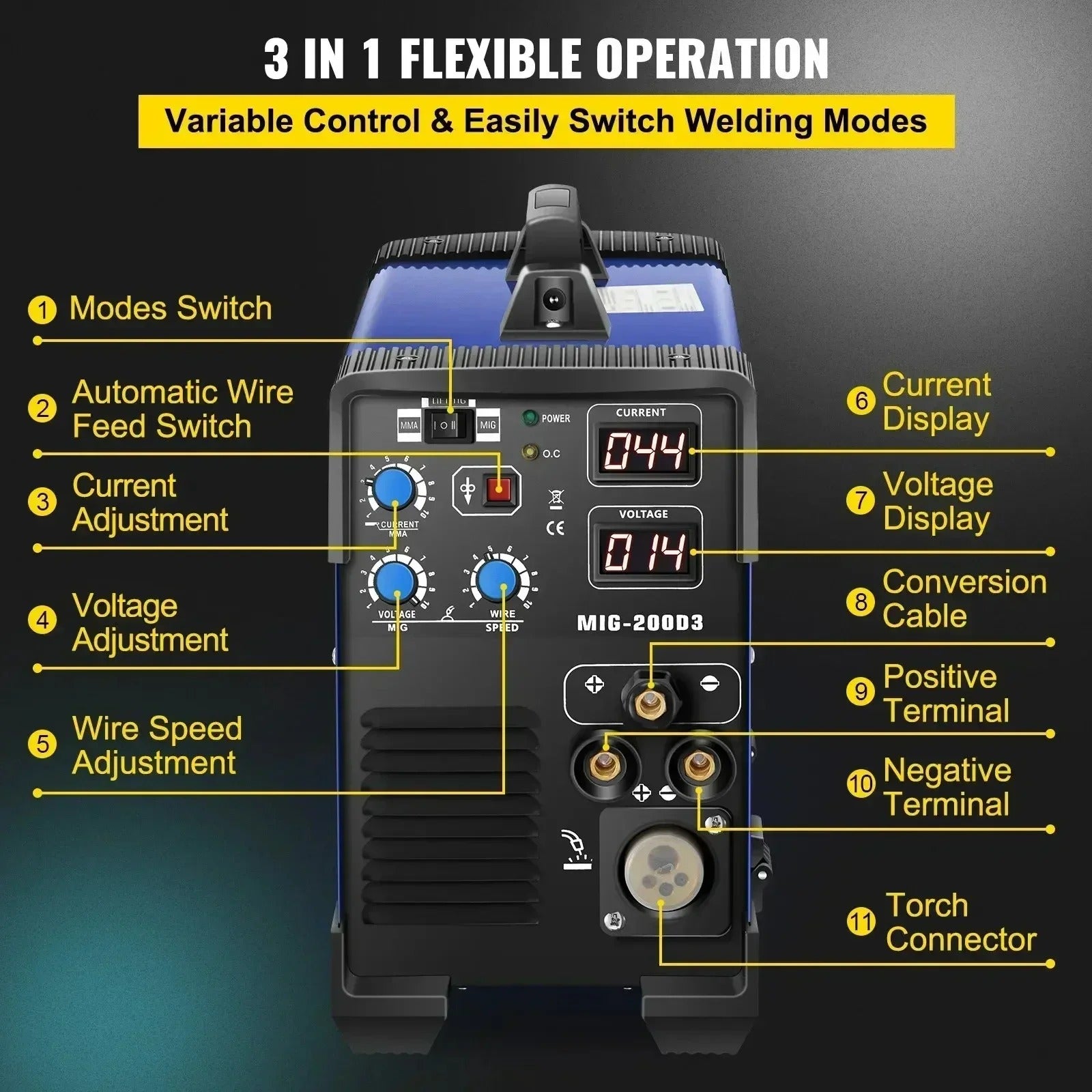 SIHAO 220V 200-270A MIG MMA TIG Welder 3-in-1 IGBT Inverter Welding Machine Dual Voltage for Steel Aluminum Auto Repair Home Workshop