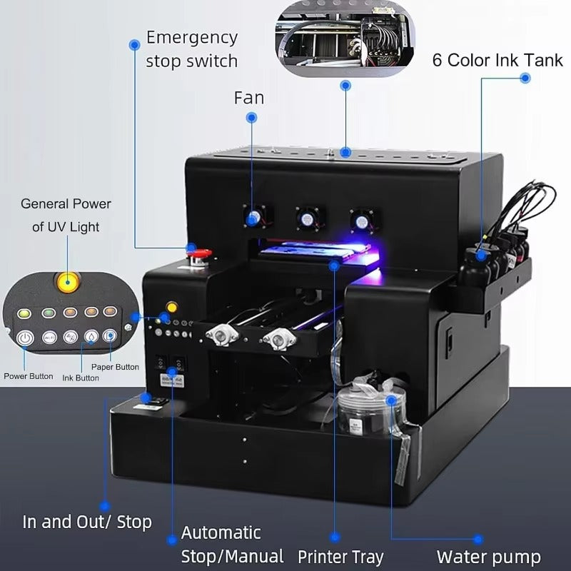 SIHAO A4 UV Printer, DTF UV LED Inkjet Printer with Rotary Attachment, 5760x1440dpi USB, for Bottles Paper Phone Cases PVC