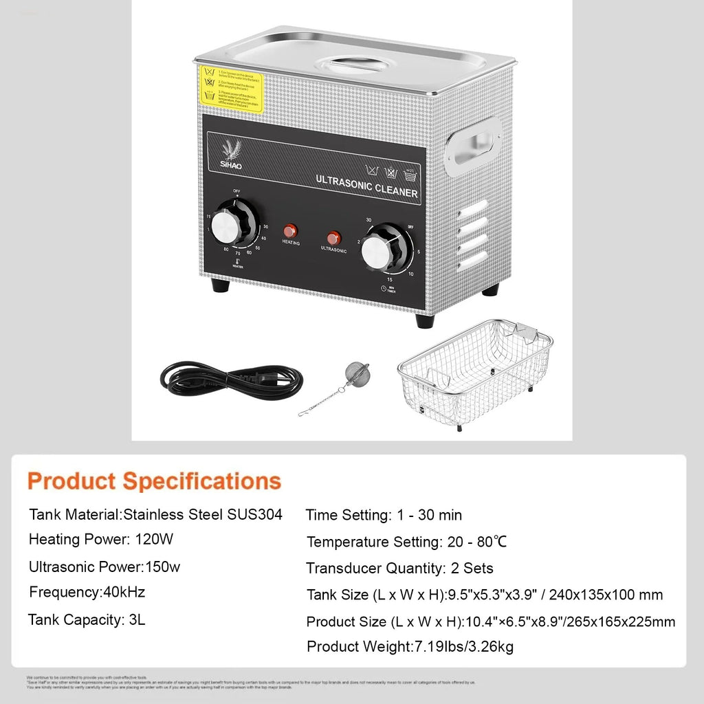 SIHAO 40kHz Ultrasonic Cleaner with Knob Control, Heater & Timer – Available in 2L To 30L Capacities, Ideal for Jewelry, Eyeglasses, Dentures, and Musical Instruments