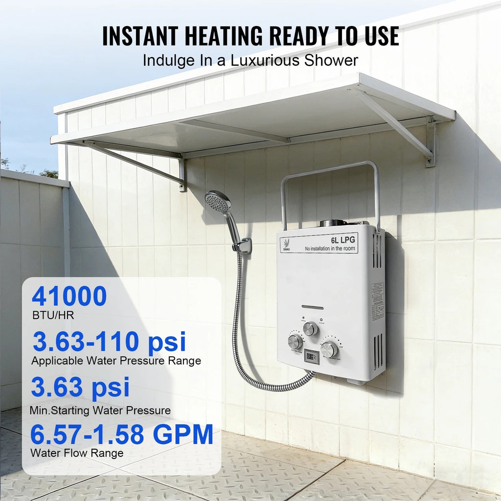 SIHAO 6L Portable Tankless Gas Water Heater with Digital Display & Shower Head – Propane Camping Shower, Outdoor Travel Hot Water System with Pressure Regulator