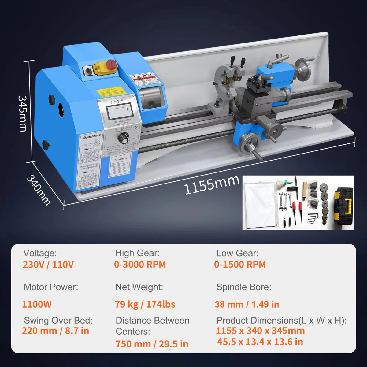 SIHAO 1100W Mini Metal Lathe 220×600mm & 220×750mm— Precision Benchtop Power Metal Lathe Variable Speed Brushless Motor Metal Gears
