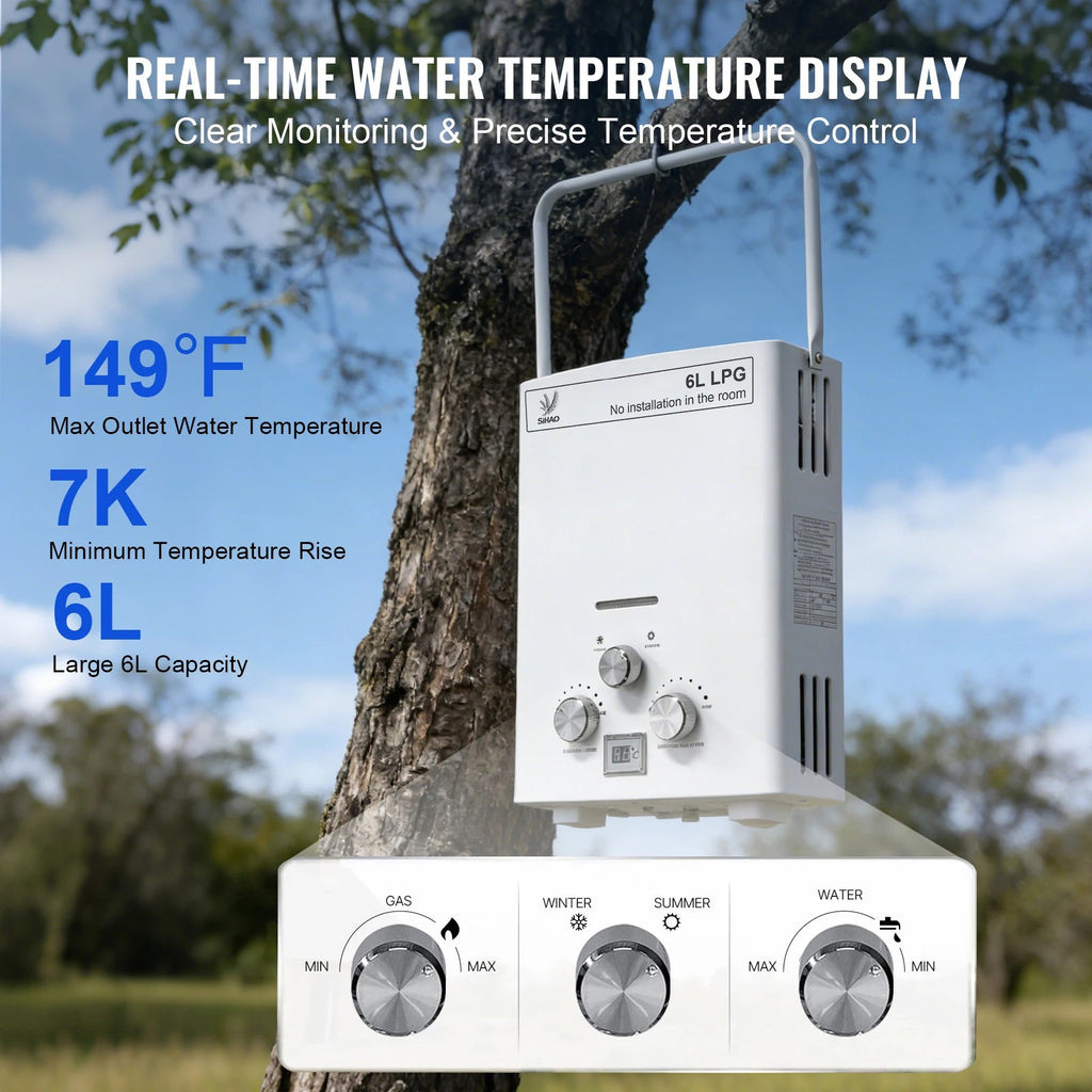 SIHAO 6L Portable Tankless Gas Water Heater with Digital Display & Shower Head – Propane Camping Shower, Outdoor Travel Hot Water System with Pressure Regulator