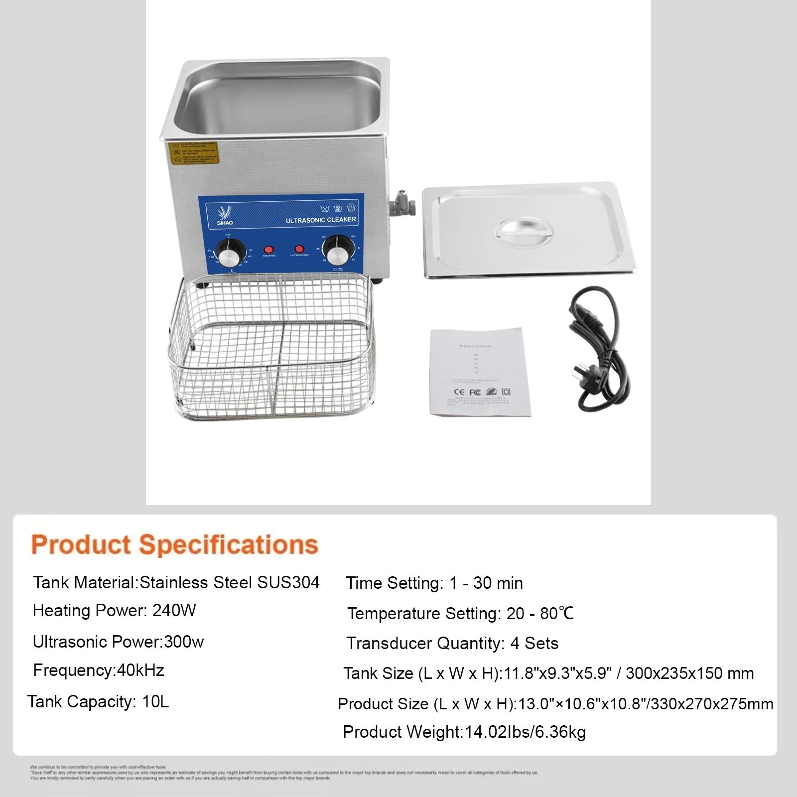 SIHAO 40kHz Ultrasonic Cleaner with Knob Control, Heater & Timer – Available in 2L To 30L Capacities, Ideal for Jewelry, Eyeglasses, Dentures, and Musical Instruments