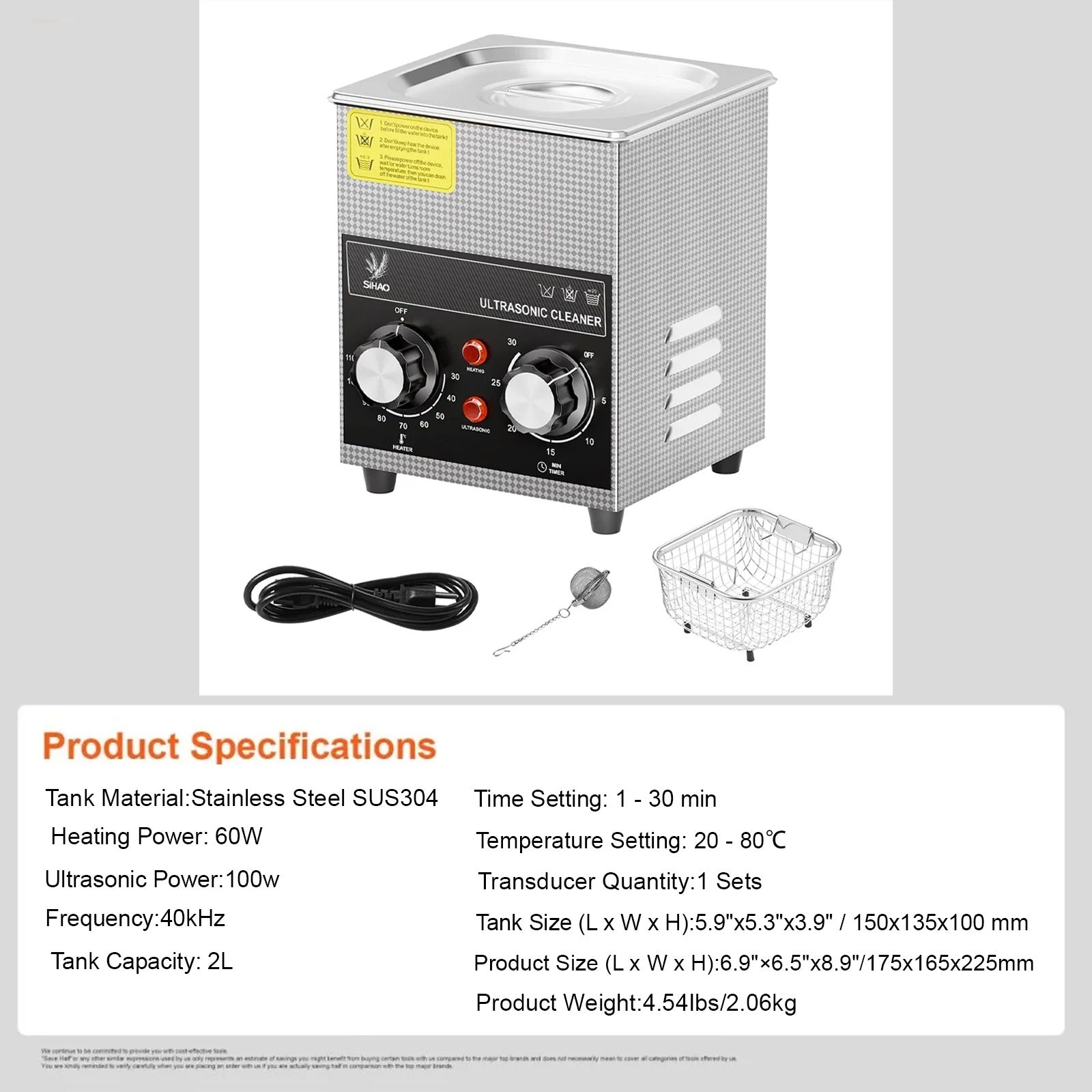 SIHAO 40kHz Ultrasonic Cleaner with Knob Control, Heater & Timer – Available in 2L To 30L Capacities, Ideal for Jewelry, Eyeglasses, Dentures, and Musical Instruments