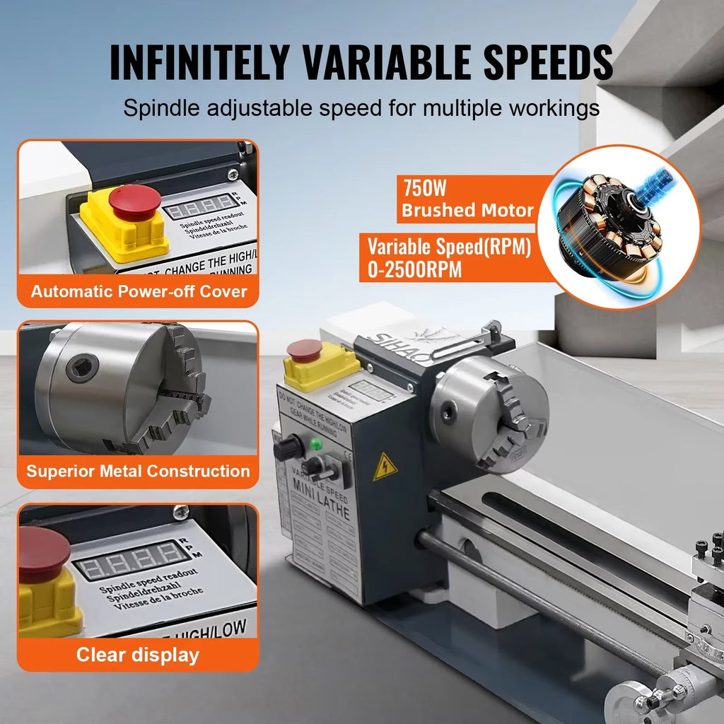SIHAO 750W Mini Metal Lathe 180×350mm — 4 Inch 3-Jaw Chuck DC Motor Benchtop Metal Turning Machine for Metalworking Projects