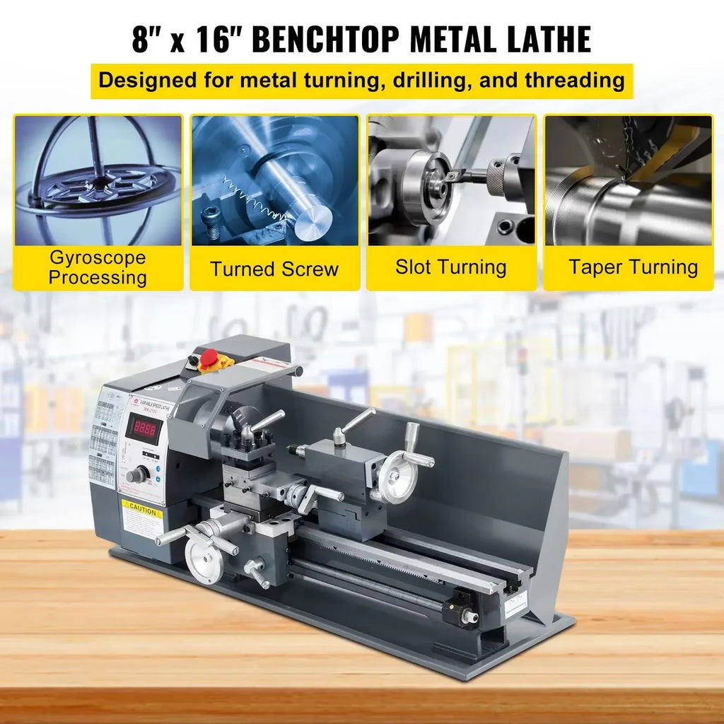 SIHAO 750W Mini Metal Lathe 8×16 Inch — 50-2500 RPM Infinitely Variable Speed MT3 Spindle Taper for Metalworking DIY