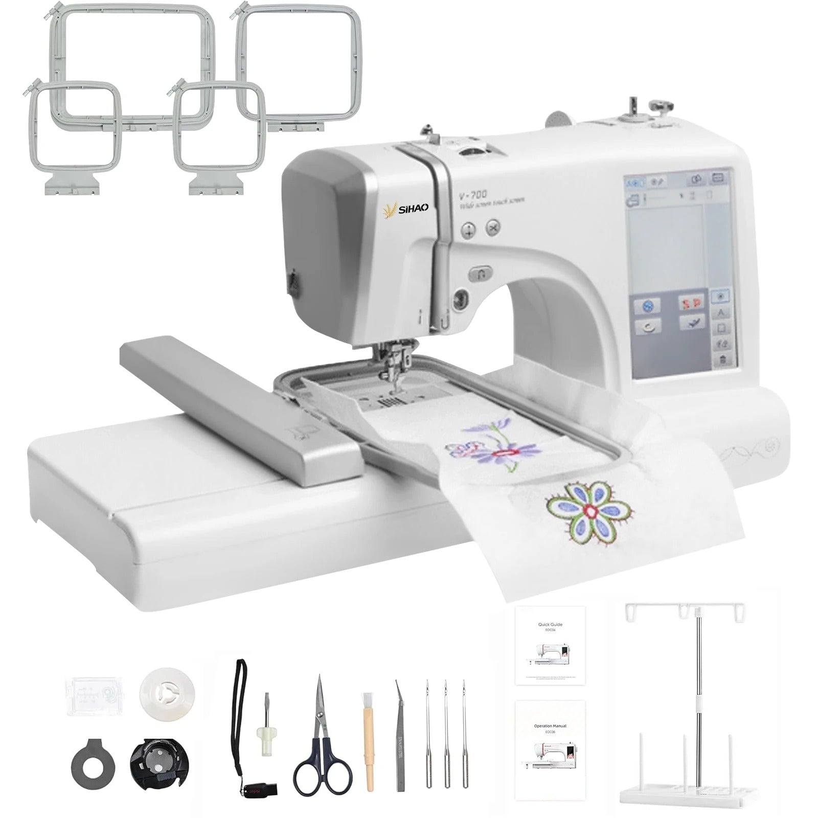 SIHAO MRSV700 Automatic Embroidery Machine with Touch Screen – Computerized Home/Commercial Use, Supports LOGO, Letters, and Electric Sewing (Sewing & Embroidery Combo)