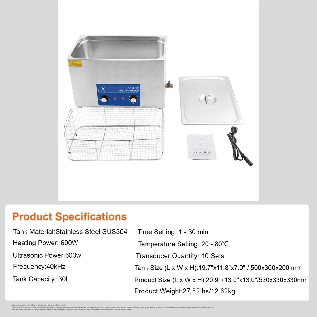 SIHAO 40kHz Ultrasonic Cleaner with Knob Control, Heater & Timer – Available in 2L To 30L Capacities, Ideal for Jewelry, Eyeglasses, Dentures, and Musical Instruments