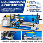 SIHAO Mini Metal Lathe Machine 550W, 7x14 Inch180x350mm Variable Speed Benchtop Lathe with 3-Jaw Chuck for Precision Metalworking, DIY Machining and Workshop Use